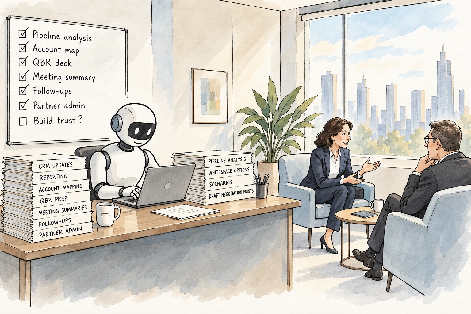 Editorial illustration showing AI handling partner-management tasks like pipeline analysis, account mapping, QBR preparation and follow-up, while a human Partner Manager focuses on trust and conversation.