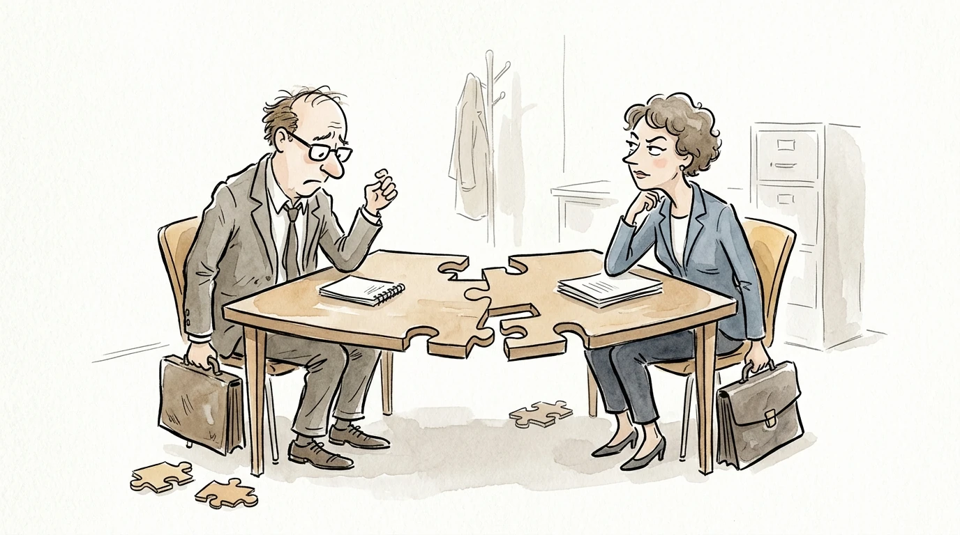 Two professionals seated across a puzzle-shaped table that does not quite align.