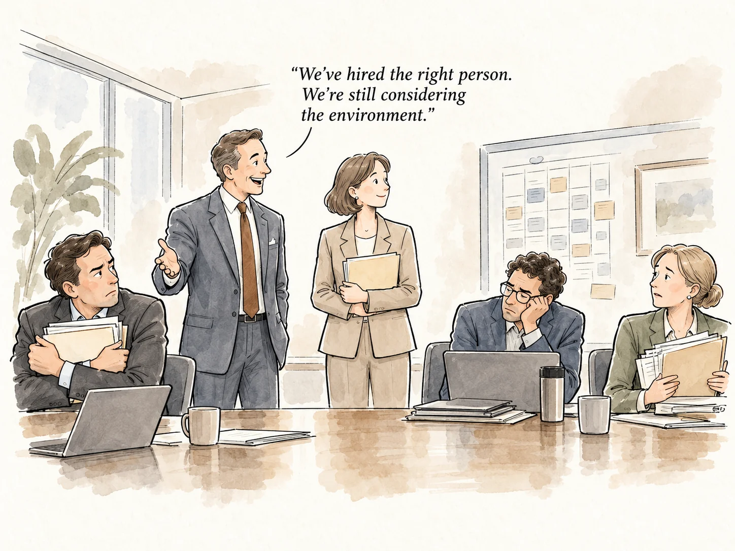 Editorial cartoon of a cheerful manager presenting a partnerships hire while concerned and exhausted colleagues sit around the table. The manager says: We've hired the right person. We're still considering the environment.
