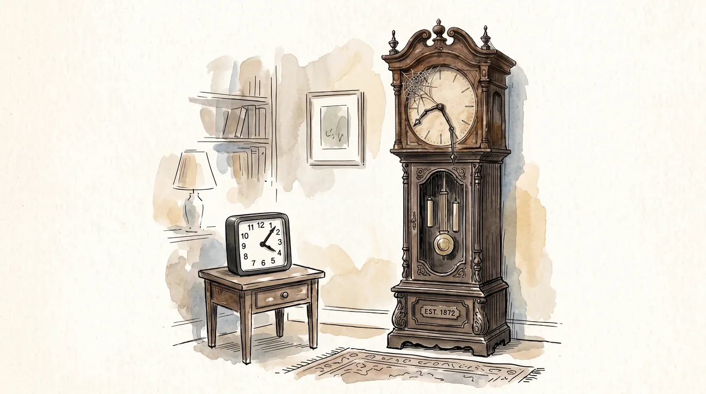 Editorial illustration of an antique grandfather clock beside a small modern desk clock.