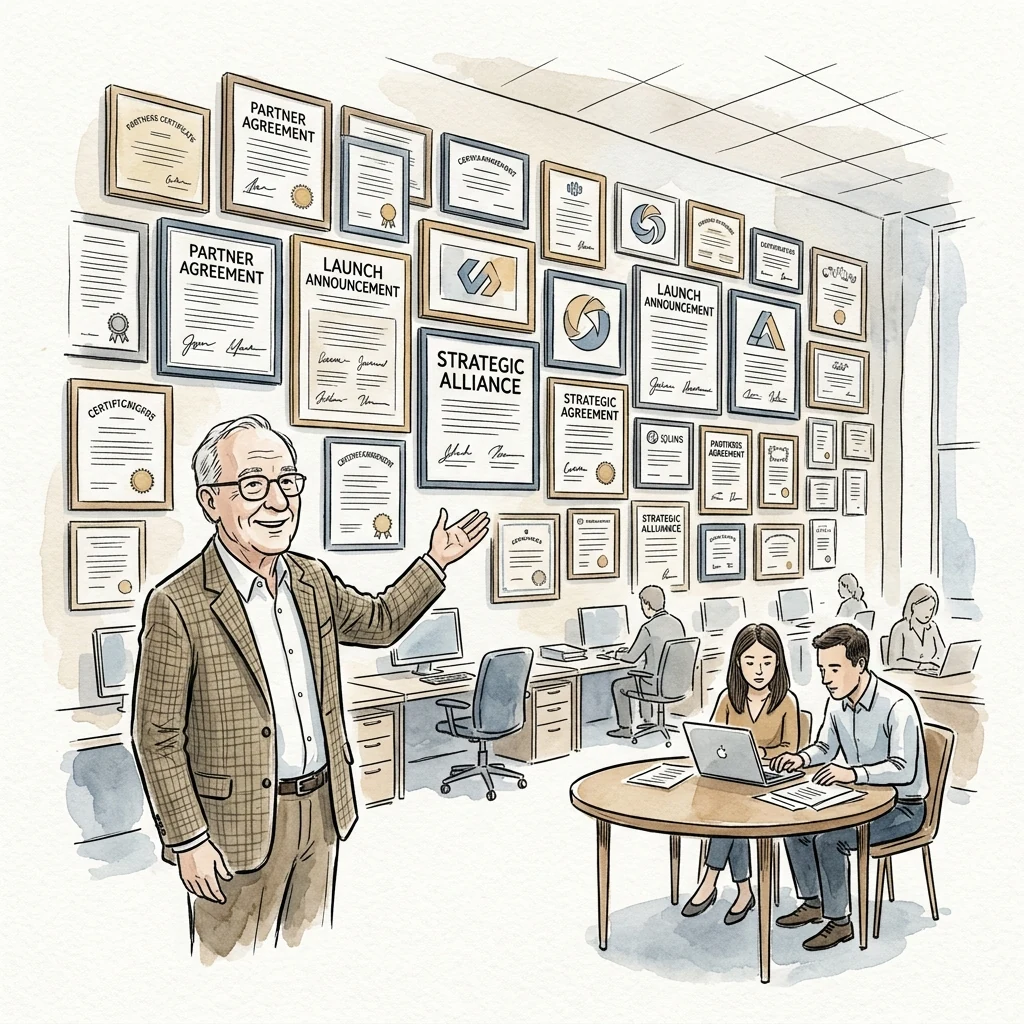 A professional presents a wall of partner agreements while two colleagues work at a table.