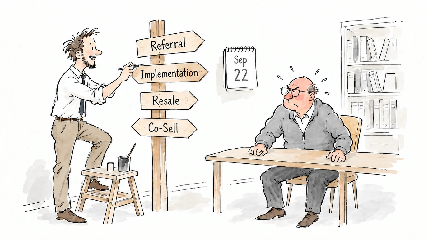 Editorial cartoon of a signpost labelled Referral, Implementation, Resale and Co-Sell beside two office workers.