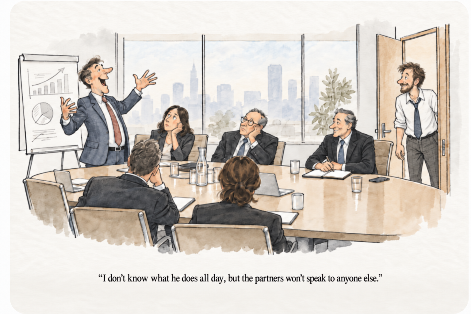 Editorial cartoon of an animated boardroom presenter while a seated executive smiles at a man in the doorway.