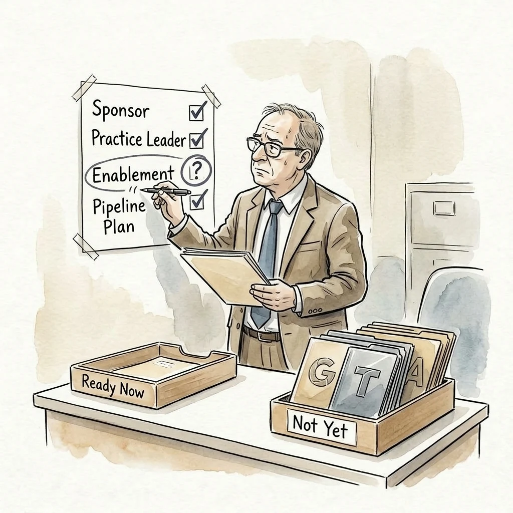A professional evaluates partner readiness using a checklist for sponsorship, leadership, enablement and pipeline planning.