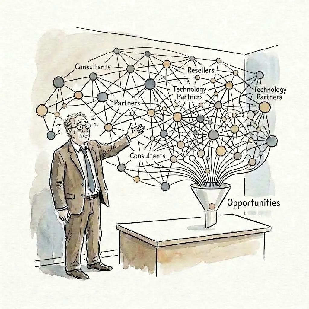 A professional faces a complex network of partner relationships feeding into a funnel marked opportunities.